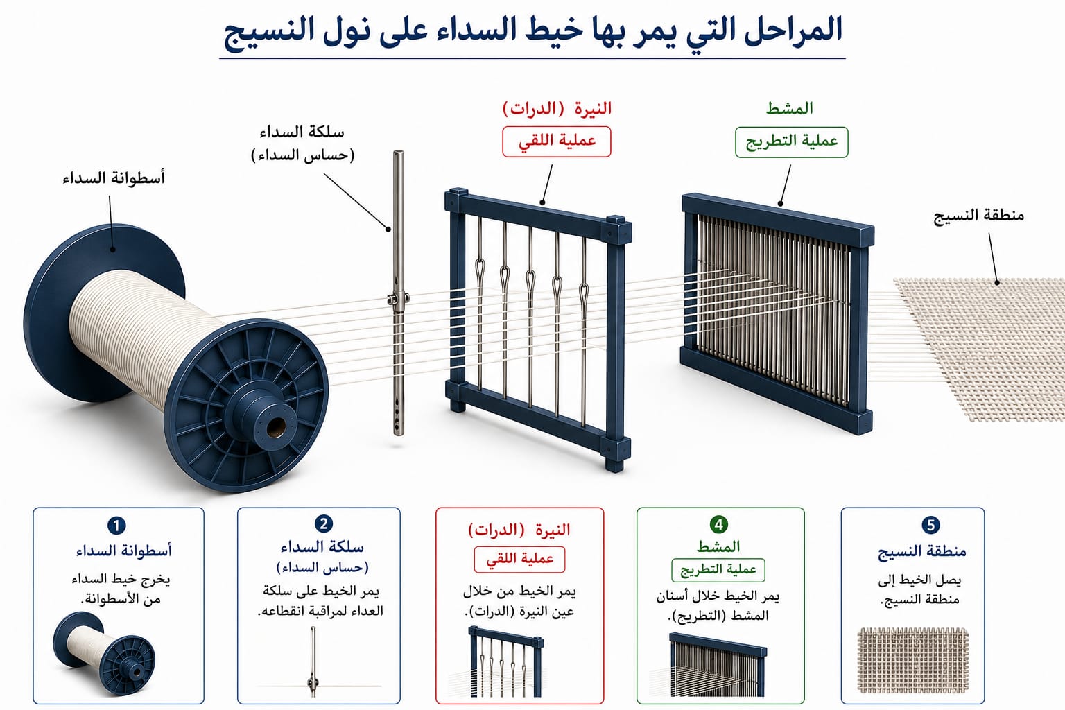 المراحل التي يمر بها خيط السداء على نول النسيج