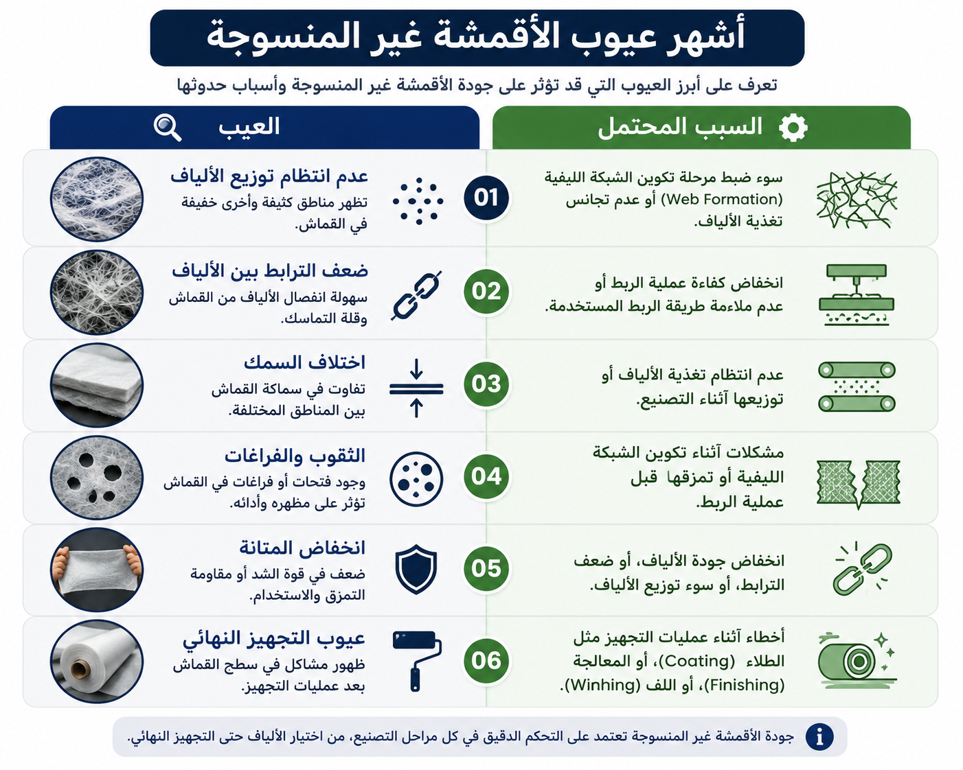 إنفوجرافيك يوضح أشهر عيوب الأقمشة غير المنسوجة وأسبابها المحتملة، بما في ذلك عدم انتظام توزيع الألياف، وضعف الترابط، واختلاف السمك، والثقوب والفراغات، وانخفاض المتانة، وعيوب التجهيز النهائي.