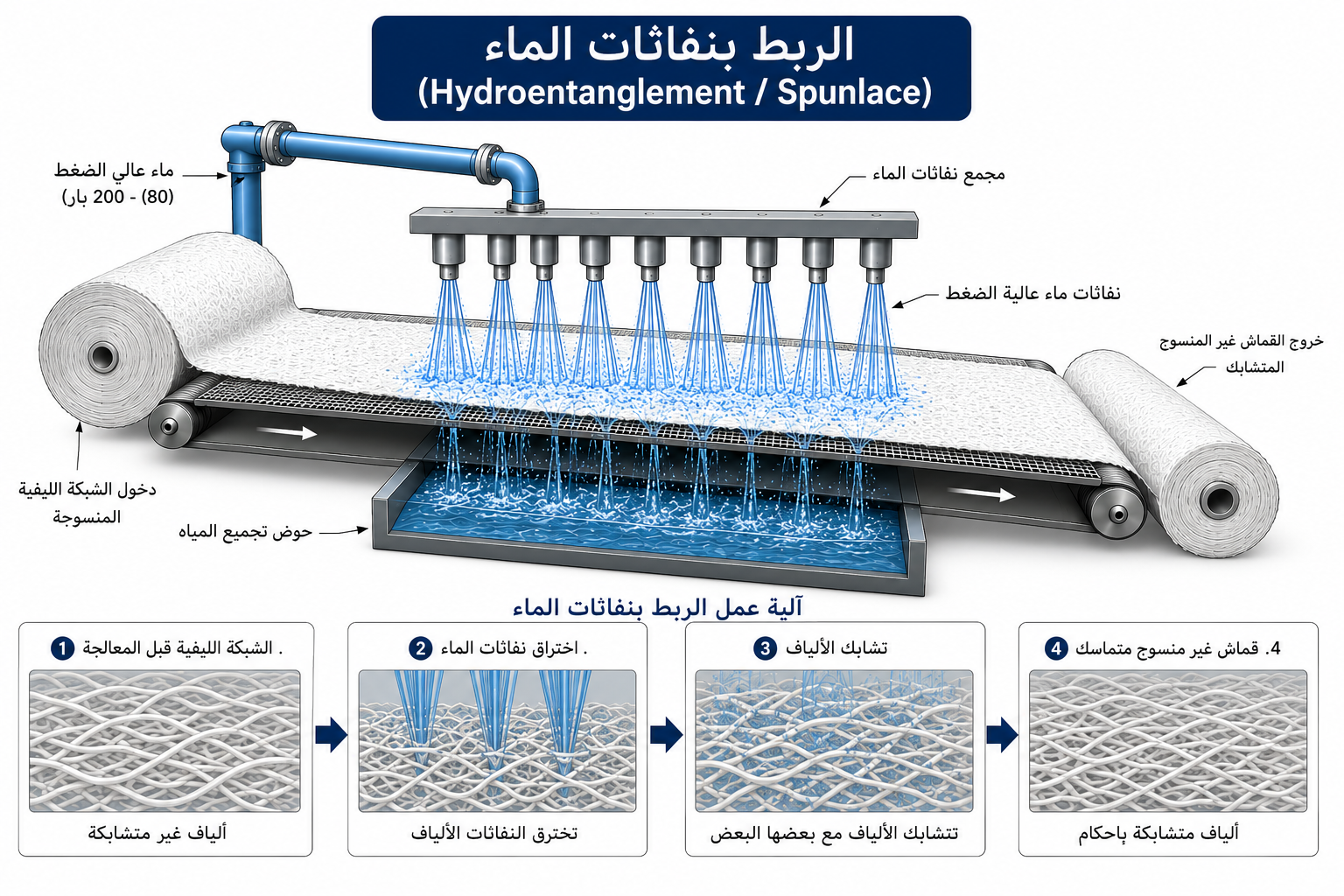 مخطط يوضح عملية الربط بنفاثات الماء (Hydroentanglement أو Spunlace) في تصنيع الأقمشة غير المنسوجة، حيث تُستخدم نفاثات ماء عالية الضغط لتشابك الألياف ميكانيكيًا وتكوين قماش غير منسوج متماسك.
