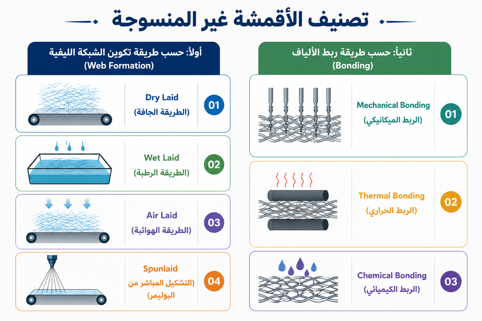 إنفوجرافيك يوضح تصنيف الأقمشة غير المنسوجة حسب طريقة تكوين الشبكة الليفية (Web Formation) وطريقة ربط الألياف (Bonding).