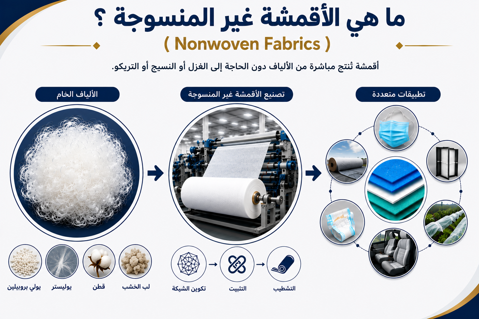 إنفوجرافيك يوضح تحويل الألياف الخام إلى أقمشة غير منسوجة وتطبيقاتها المختلفة. 