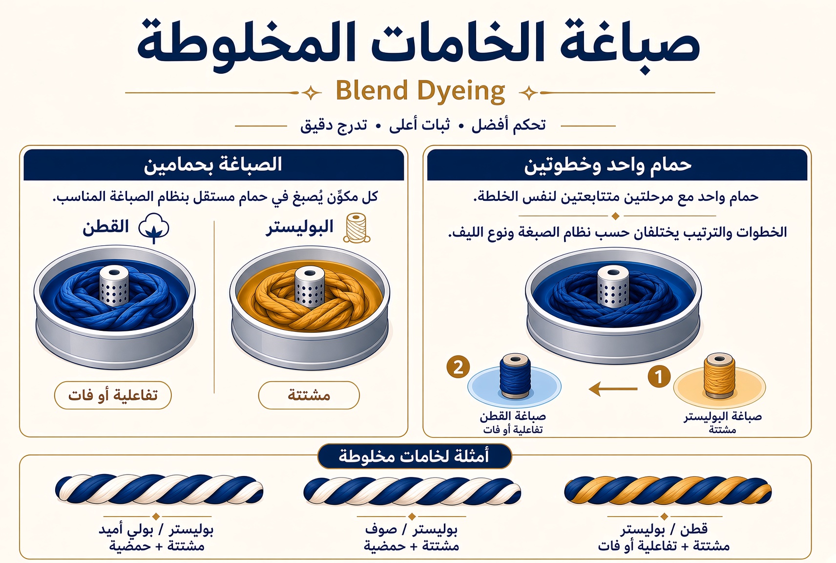إنفوجرافيك صباغة الخامات المخلوطة وطرق معالجتها (Blend Dyeing Infographic)
