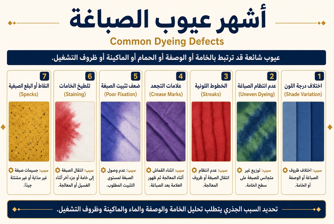 إنفوجرافيك يوضح أشهر عيوب الصباغة وتأثيرها على اللون والقماش. 