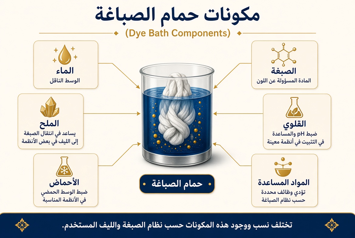 إنفوجرافيك عربي يوضح مكونات حمام الصباغة ووظيفة الماء والصبغة والملح والقلوي والأحماض والمواد المساعدة