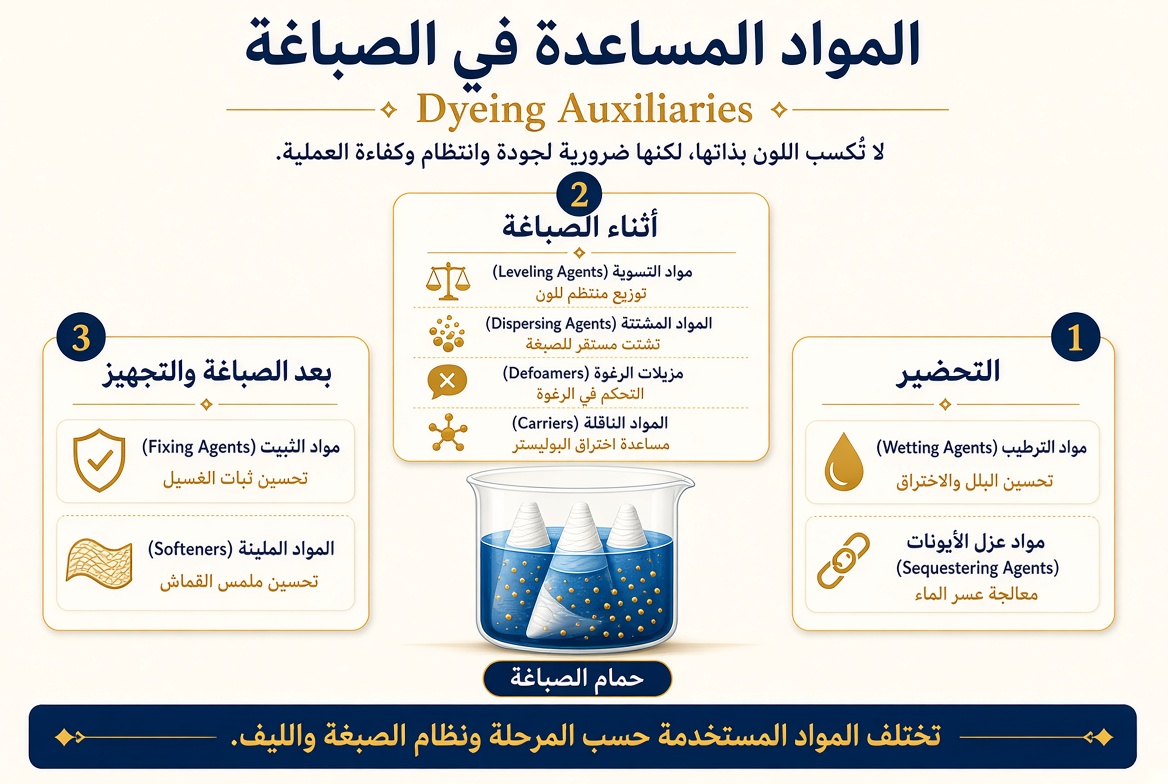 إنفوجرافيك عربي يوضح أهم المواد المساعدة في الصباغة ووظائفها خلال مراحل التحضير والصباغة وما بعد الصباغة