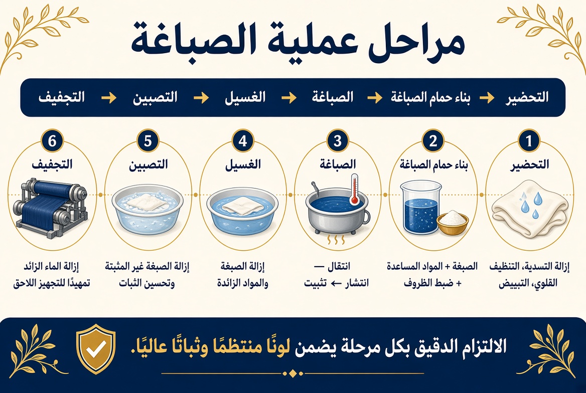 إنفوجرافيك عربي يوضح مراحل عملية الصباغة من التحضير وبناء حمام الصباغة حتى الصباغة والغسيل والتصبين والتجفيف