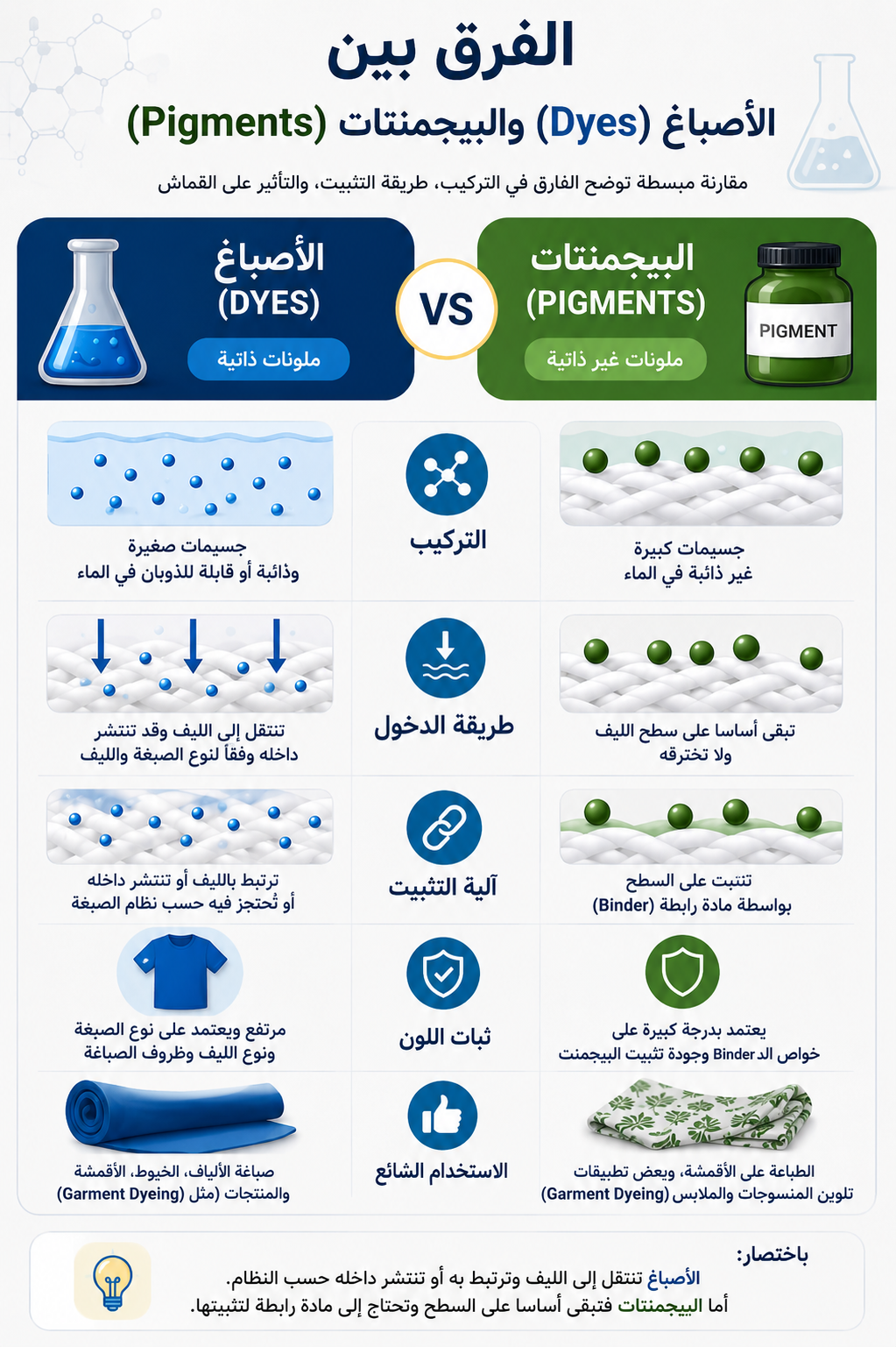 مقارنة بين الأصباغ Dyes والبيجمنتات Pigments من حيث التركيب وطريقة الدخول إلى الليف وآلية التثبيت وثبات اللون والاستخدامات