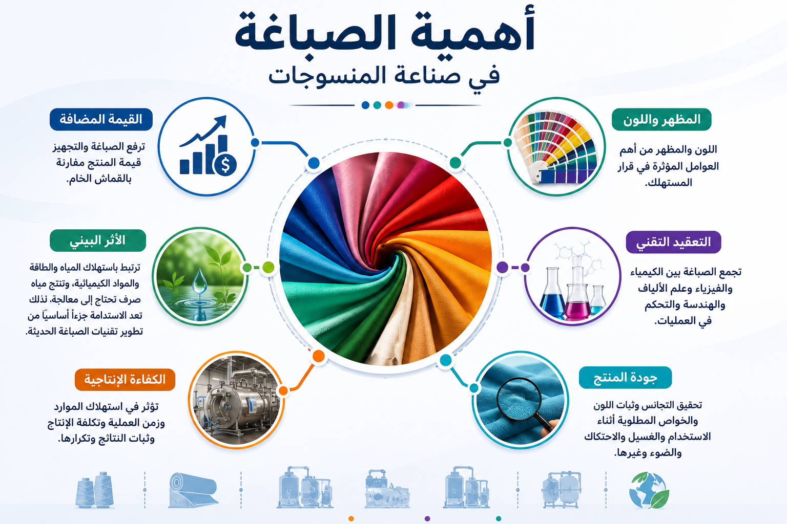 إنفوجرافيك يوضح أهمية الصباغة في صناعة المنسوجات من حيث القيمة المضافة والمظهر والجودة والكفاءة الإنتاجية والتعقيد التقني والأثر البيئي