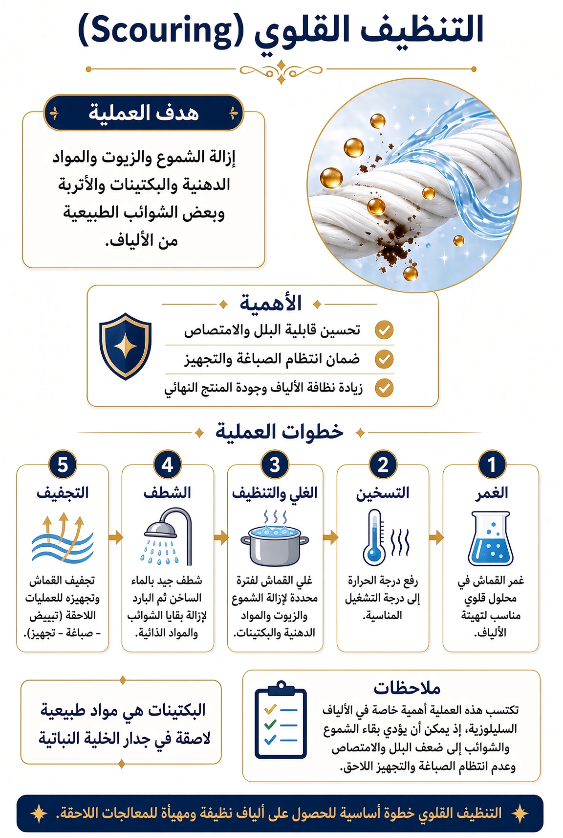 Scouring Process - التنظيف القلوي للألياف وإزالة الشموع والزيوت والشوائب الطبيعية. 