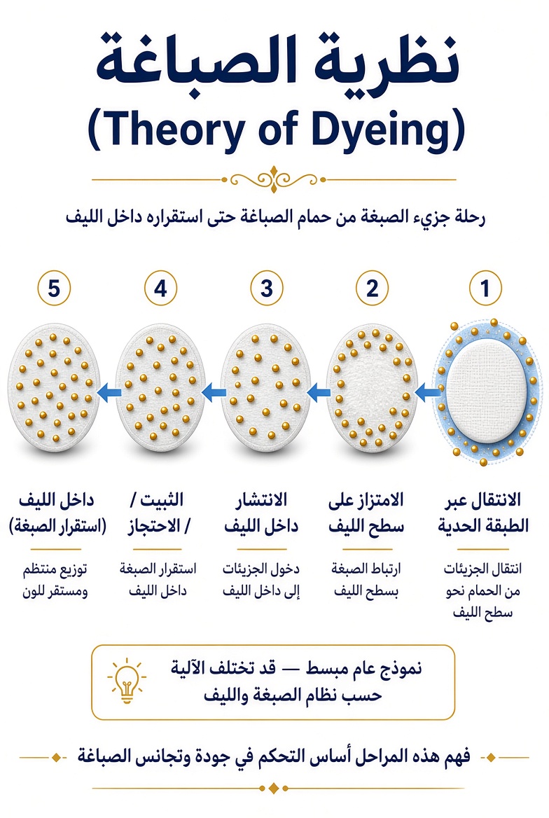 إنفوجرافيك يوضح مراحل نظرية الصباغة من انتقال جزيئات الصبغة عبر الطبقة الحدّية وامتزازها على سطح الليف وانتشارها داخله حتى تثبيتها واستقرارها داخل الليف.