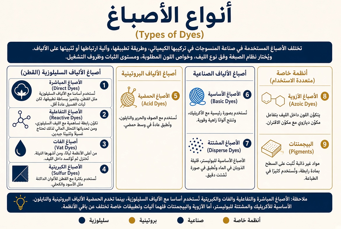 إنفوجرافيك عربي يوضح أنواع الأصباغ الرئيسية المستخدمة في صناعة المنسوجات، وتصنيفها حسب نوع الألياف وتطبيقاتها