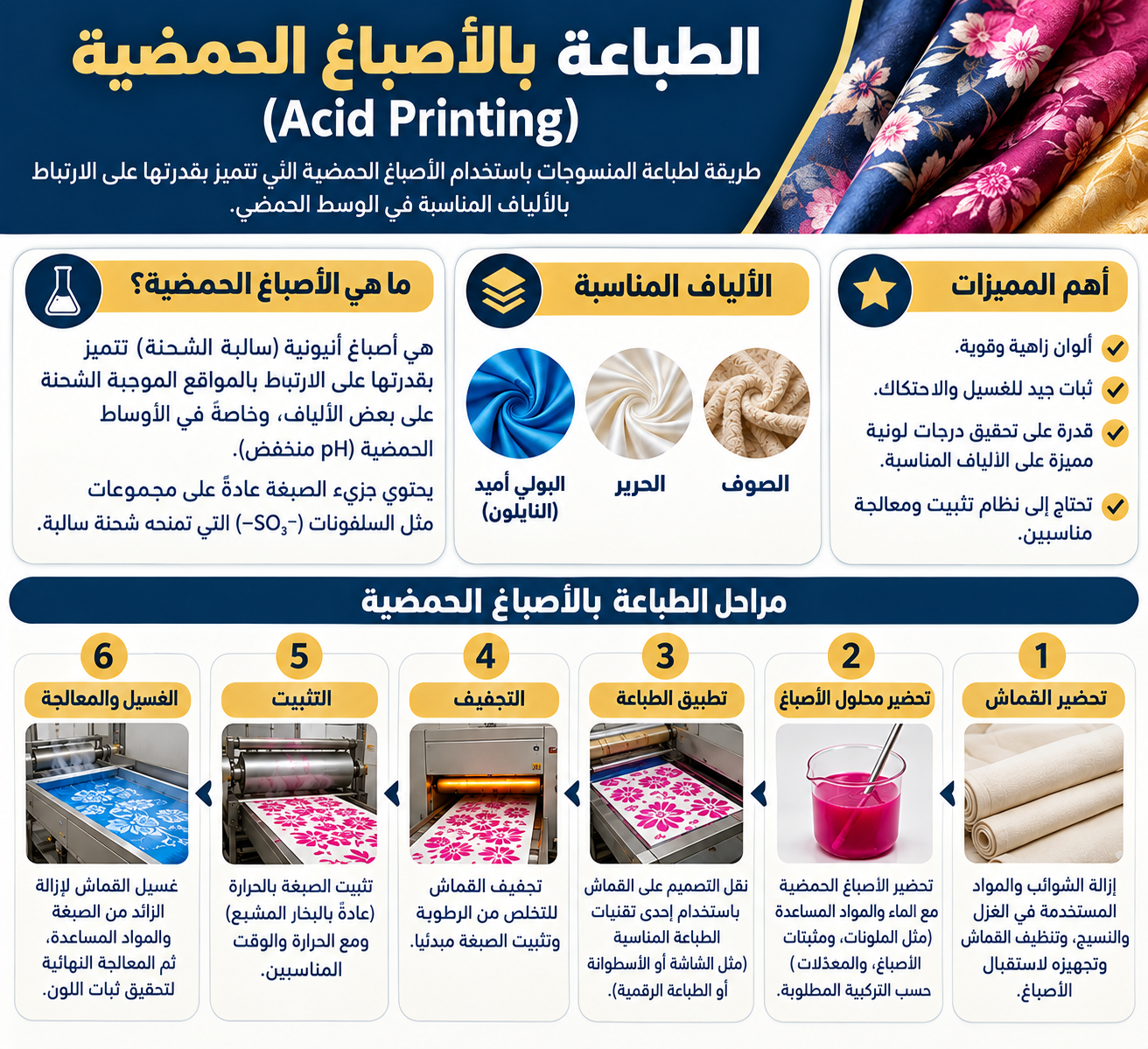 الطباعة الحمضية على المنسوجات Acid Printing ومراحل طباعة الأقمشة بالأصباغ الحمضية