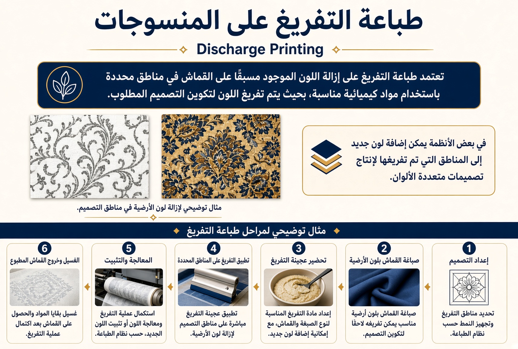 طباعة التفريغ على المنسوجات ومراحل إزالة اللون وتكوين التصميم