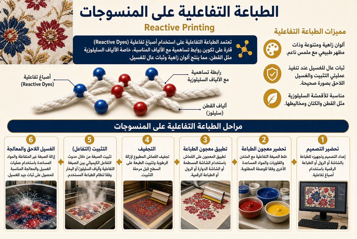 الطباعة التفاعلية على المنسوجات Reactive Printing ومراحل طباعة الأقمشة بأصباغ تفاعلية