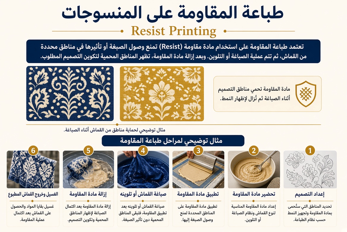 طباعة المقاومة على المنسوجات ومراحل استخدام مادة المقاومة لتكوين التصميم